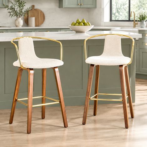 Tabouret de bar en tissu blanc, structure en bois, accoudoirs et dossier en métal, assise rembourrée avec repose-pieds – de FLORAGRACE, idéal pour cuisine (1/5)