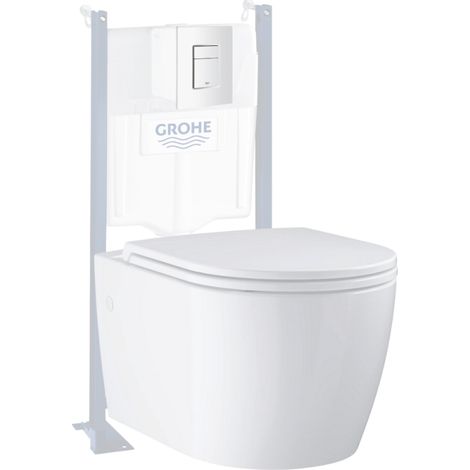 Pack inodoro suspendido GROHE Start Round Ceramic sin reborde + asiento de cierre suave + estructura de soporte universal de suelo a pared + placa cuadrada blanco alpino
