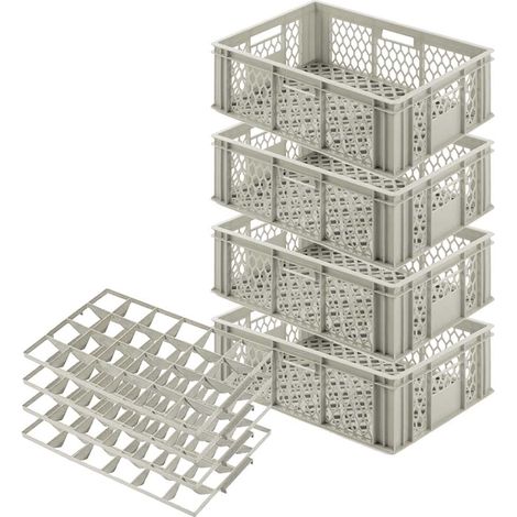 BRB Récipient à Verres, Lot de 4 Boîtes, 24 Verres, Hauteur Max. 175 mm, Diamètre Max. 87 mm, Polyéthylène de Qualité Supérieure, gris