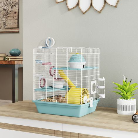 Cage à hamster à 3 niveaux et 12 tubes avec maisonnette, rampe, gamelles, abreuvoir et bac de récupération des égouts, en métal et plastique, 34,5 x 27,5 x 41 cm, bleue