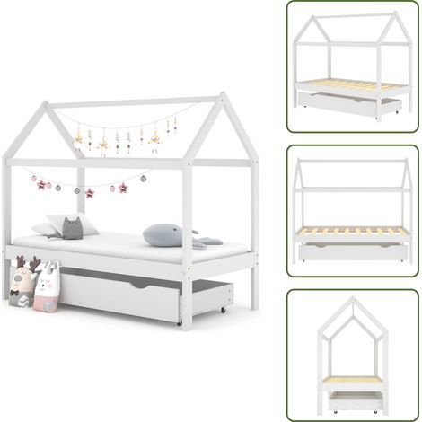 The Living Store Cadre de lit enfant avec tiroir blanc bois pin massif 80x160 cm - Lit Bébé - Lit Enfant - Mobilier Enfant - Meuble Design Enfant - Lit Coffre