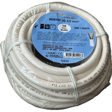 Câble d'alimentation souple H05VVF 3G2.5mm² – Longueur 10m – Capacité 20A – Puissance max 4500W – Couleur blanche pour circuits électriques (1/2)