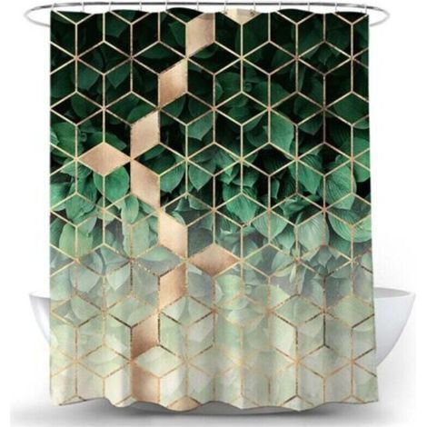Geometric shower curtain in green marble design, 120 x 180 cm, made of polyester fabric, mildew-resistant, waterproof, washable, including 12 shower rings and hooks for the bathtub (1/4)