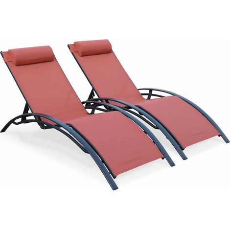 Duo de bains de soleil en aluminium et textilène Louisa Anthracite / Terracotta