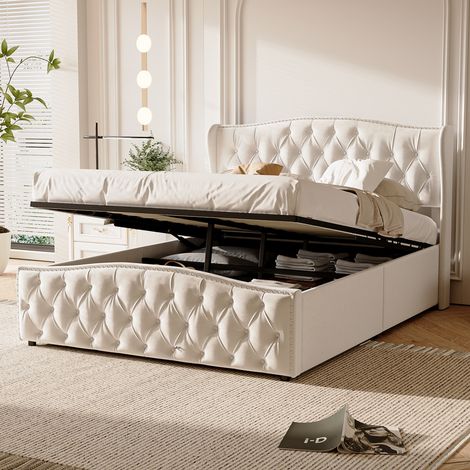 Lit coffre velours beige 160x200 cm, lit rembourré capitonné avec rangement hydraulique, sommier à lattes robuste, tête de lit cloutée design moderne confortable (1/5)