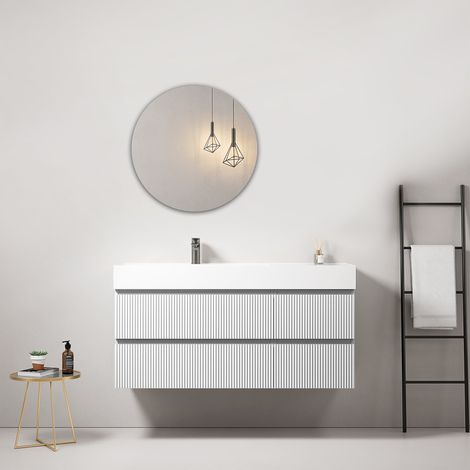 Mobile bagno sospeso cannettato 120 cm Bianco Lavabo a Sinistra in Resina Specchio Tondo - Fiji Paint (1/4)