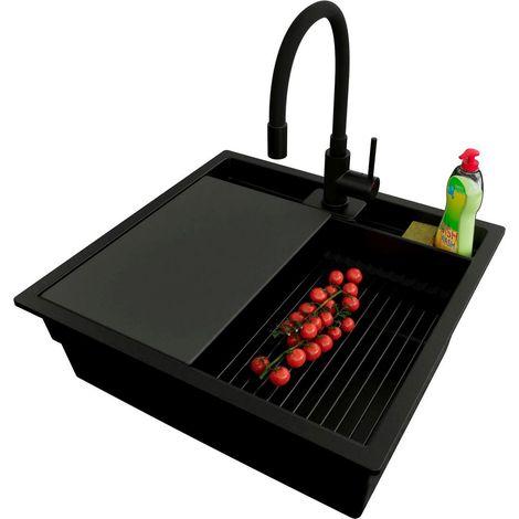 PRIMAGRAN Evier Sous Plan 56x54cm,Evier en Granit 1 bac + Robinet 40x38cm + Kit de Vidage + Accessoires, Évier au meuble 60cm - Bergen Pocket, Tout Noir (1/5)