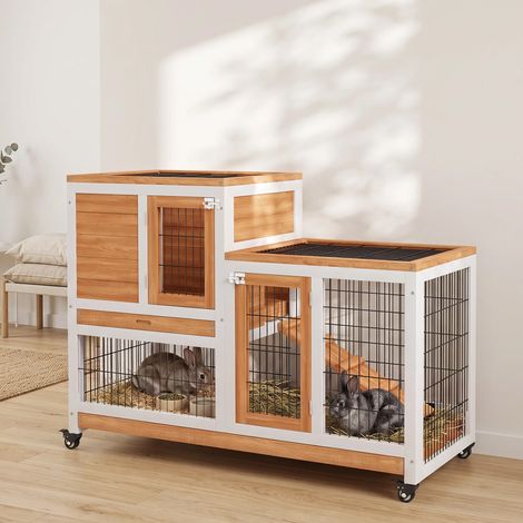 Clapier Lapin Intérieur Roulettes 2 Niveaux, Enclos Rampe, 2 Portes, 110x50x88 cm, Jaune (1/5)