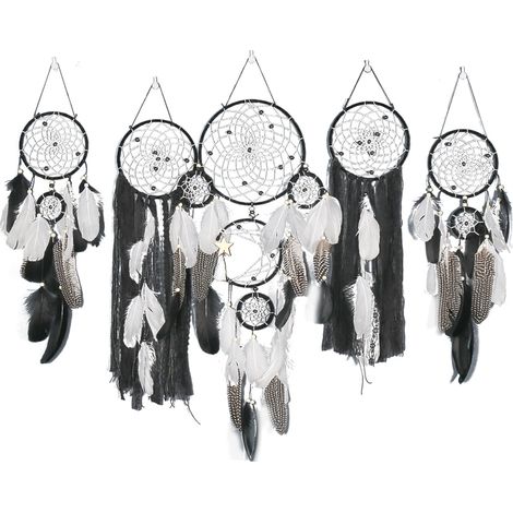 [Atrapasueños] [Colección de artesanía] [Juego de 5 piezas] [Decoración de pared de estilo bohemio compuesta por 5 piezas con plumas y anillos de metal] (1/5)