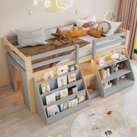 Cama semialta 90x200 cm gris y madera natural, estantes, LED regulable por app y escalera, estructura pino, sin colchón (1/5)