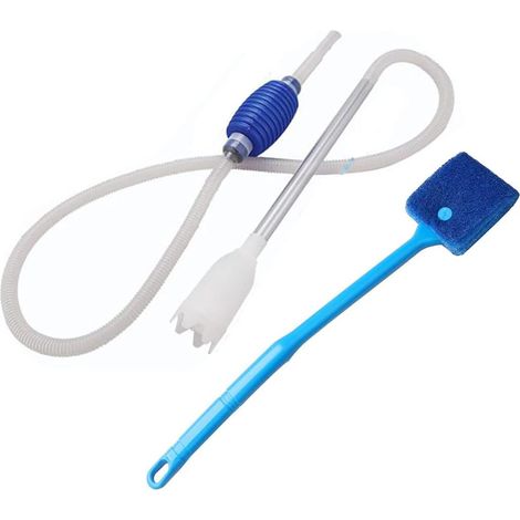 Kit de nettoyage pour aquarium (2 pièces) : siphon pour gravier avec brosse de nettoyage, brosse anti-algues et pompe à siphon manuelle.