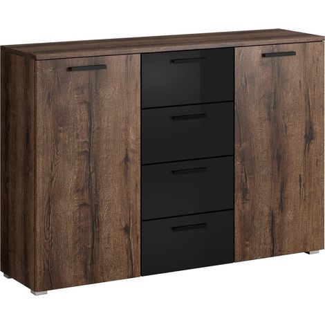 Cómoda Levruvu 108, Roble del Monastery + Negro, Con cajones y puertas, Número de cajones: 4, 93x132x38cm (1/4)