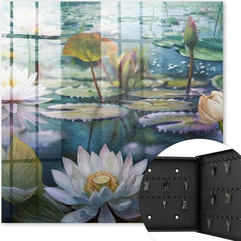 Armoire à clés - (30 cm x 30 cm) - Boîte à clés murale - Coffret de rangement pour clés - Couleur noire - Ouverture vers la droite - Pour maison et bureau - fleurs aquatiques