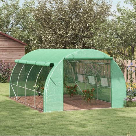 Invernadero polytunnel 3.97x3x2 m, con puerta enrollable, 8 ventanas, estructura de acero galvanizado, verde (1/5)
