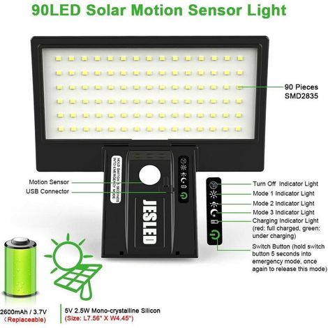 Lampada solare da esterno, 2600 mAh, sensore di movimento, impermeabile, wireless, illuminazione solare da esterno, luce di sicurezza, lampada da parete per giardino (batteria sostituibile) (1/4)