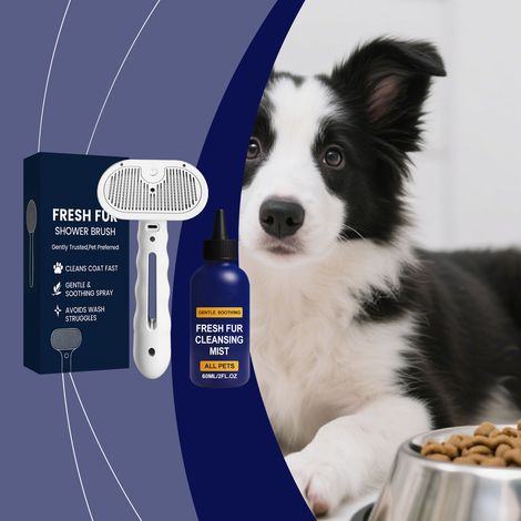 Kit de nettoyage pour poils d'animaux : adoucit et démêle le pelage, laissant les poils doux et soyeux. Toilettage quotidien pour chiens et chats – comprend : 1 brosse de bain et 1 spray nettoyant (60 (1/5)