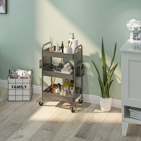 Carrito multiusos, carrito con ruedas, carrito de cocina, 3 estantes, 4 ruedas, 53,5 cm x 30,5 cm x 75 cm, gris