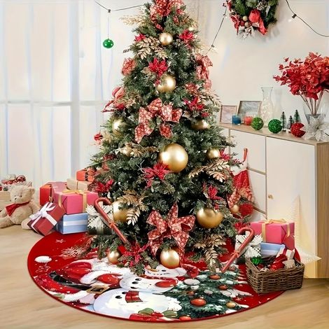 Tapis de sapin de Noël, style Père Noël et bonhomme de neige, tablier de sapin de Noël court en peluche fabriqué en fibre de polyester, adapté aux réunions de fêtes, aux fêtes[D] (1/5)