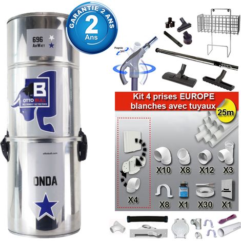 Aspiration centralisée sans sac OTTO BULL ONDA 400 INOX (jusqu’à 400 m²), Garantie 2 ans + Set inter 9 M + 8 accessoires + kit 4 prises + kit prise balai + kit prise garage (1/5)