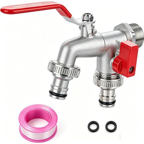 Robinet d'eau double en laiton, robinet de jardin de 0,75 pouces, résistant à la rouille et au gel + 2 connecteurs de tuyau, robinet d'eau en laiton pour jardin, machine à laver, baril de pluie (1/5)