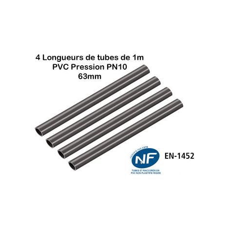 Lot de 4 Barres Tuyau Rigide Tube PVC Pression PN10 63mm : Longueur 1m / Piscine et bassins