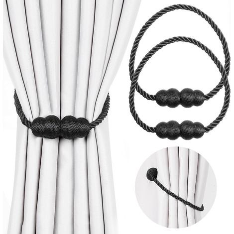 Embrasses de Rideaux, 2 Pièces Attache Rideaux Magnétiques avec Aimant Attache Rideau Aimantée, Retenues de Draperie Embrasse Magnétique Corde de Rideau Clips pour Maison Chambre Bureau, Noir (1/5)
