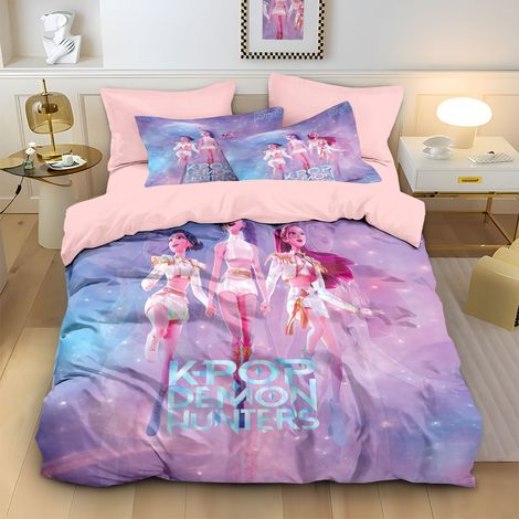 Parure de lit 3 pièces Kpop Demon Hunters, ensemble de literie en microfibre douce et respirante pour chambre à coucher et chambre d'amis, rose violet, 173x229cm[NX] (1/5)