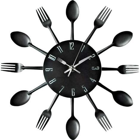 Metallene Wanduhr mit Besteckmotiv (Löffel, Gabel usw.) (schwarz) (1/5)