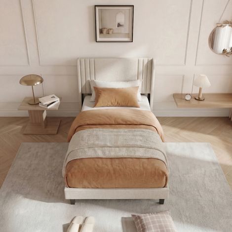 Lit 90x200, lit adulte 90x200, lit simple, lit rembourré, avec sommier à lattes inclus, structure robuste et montage facile, tissue en lin, Beige (1/5)