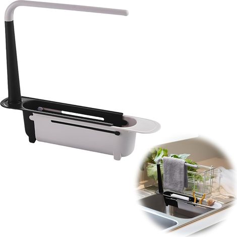 1 Organisateur évier télescopique, Support rangement extensible 32-45cm, Porte éponge plastique PP, Cuisine Salle de bain (1/5)
