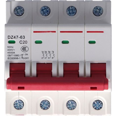 Disjoncteur quadripolaire 20 A 400 V avec protection contre les surcharges et les courts-circuits, mini-interrupteur pneumatique pour usage domestique (1/5)