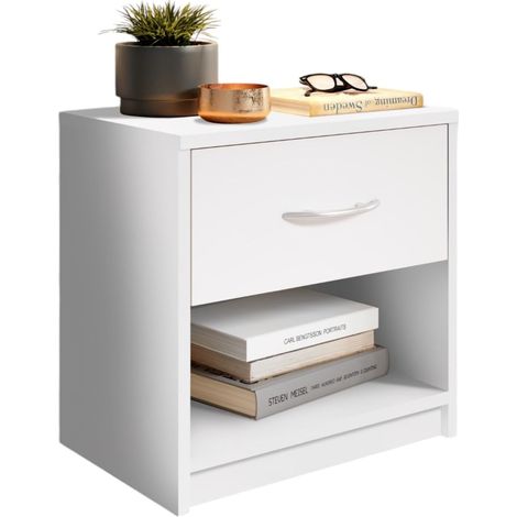 Comodino Bianco con Cassetto e Vano a Giorno, 39 cm L x 28 cm P x 41 cm A, per Camera da Letto, Cameretta, Mansarda
