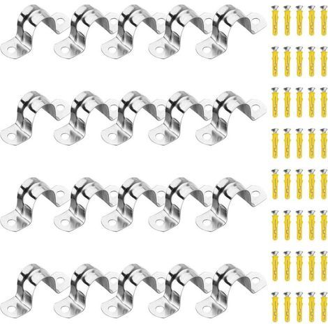 20PCS 20mm 304 Clips de tuyau en acier inoxydable Pince de tube en U Sangle de tube à deux trous avec 40 vis de réglage ajustées utilisées (1/5)