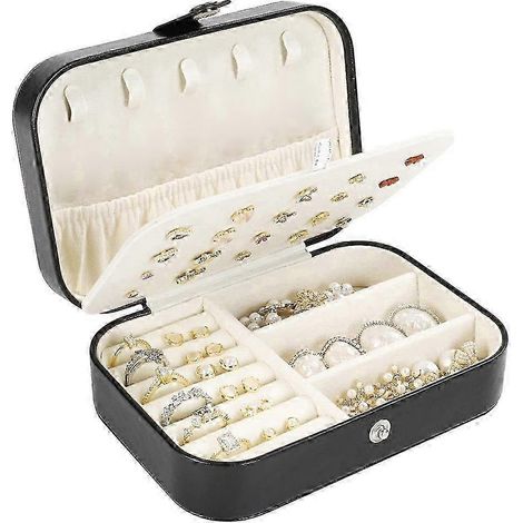 Boîte à bijoux de voyage à double compartiment, en cuir PU, portable et compacte, convenant aux femmes et aux filles, noire. (1/5)