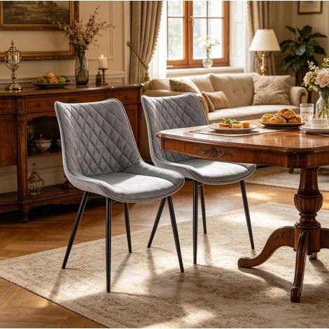 Juego de 2 sillas de comedor tapizadas, ergonómicas, con patas de metal, cuero sintético gris (1/4)