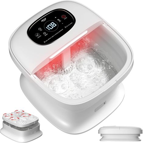 Bain de Pieds Pliable avec Massage Automatique Bulles  Thalasso Pieds Électrique 4 Rouleaux Motorisés, Chauffage Rapide, Barre de Support Stable, Idéal jusqu'à Taille 46, Blanc (1/5)