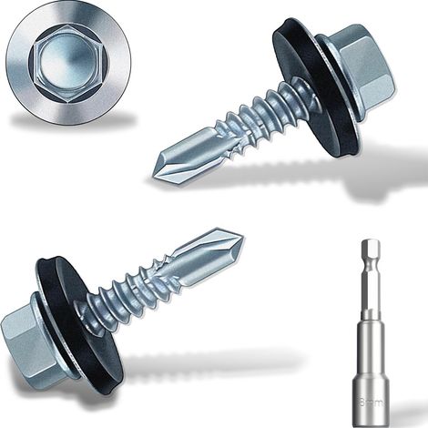 Lot de 110 vis autoforeuses à tête hexagonale pour toiture - 4,8 x 16 mm - Vis autoforeuses pour toit avec rondelle d'étanchéité en caoutchouc - Avec douille hexagonale - Plaque de zinc (1/5)