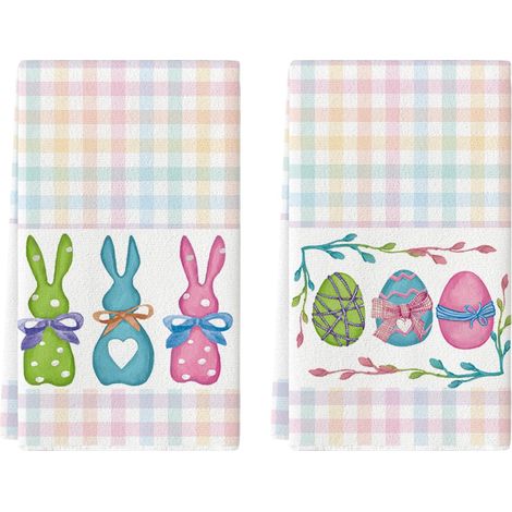 Torchons de cuisine à rayures colorées avec motifs d'œufs de Pâques, lot de 2 torchons décoratifs de printemps 18x26 pouces (pièces) (1/5)