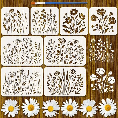 8Pcs Pochoir à Fleurs Sauvages Avec Pinceau 2 Tailles (29.7x21cm /20x20cm) Grands Pochoirs à Fleurs et Herbes Motifs Floraux Modèles pour Peinture sur Bois Murs et Meubles (1/5)