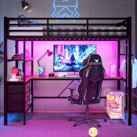 Lit mezzanine 90x200 cm avec bureau, LED, prises USB, 3 tiroirs, étagères, escalier et garde-corps, structure métal MDF, noir, sans matelas (1/5)