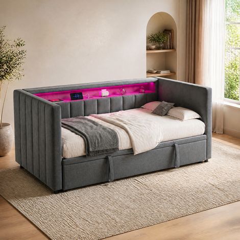 Divano letto estraibile 90x190 cm in legno e metallo, velluto grigio scuro, LED - MEUBLIV (1/5)