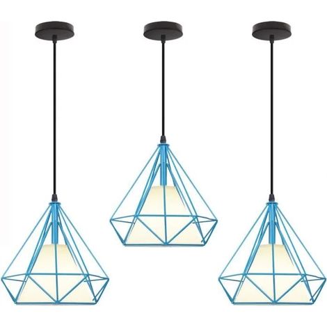 U-Do Lustre en Métal Bleu,LOT DE 3 Suspension Luminaire Ajustable Vintage Lampe forme Diamant Lustre Intérieur Industriel (1/4)