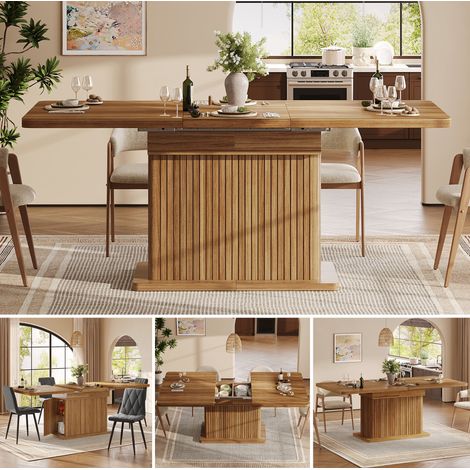 Table de repas extensible 120 à 160 cm, rangement caché, relief vertical sur plateau, finition aspect bois brun foncé, table moderne pour salle à manger (1/5)