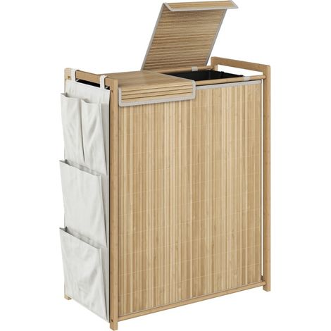 Panier à linge en bambou avec sac amovible à cordon, 2 compartiments et 4 poches latérales, couvercle pratique, 120 L, bois clair  CHICFURN (1/5)