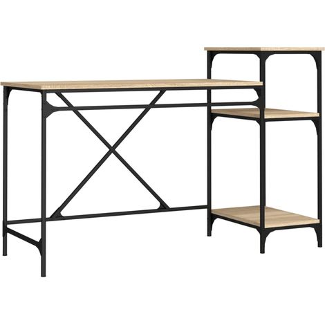 Bureau table poste de travail meuble d'ordinateur informatique étude et étagères chêne sonoma 135 x 50 x 90cm bois ingénierie/fer brun (1/5)