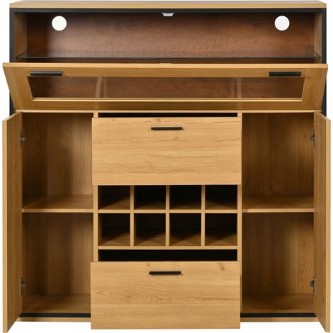 Buffet élégant avec double portes, étagères en verre et porte-bouteilles intégré – 110x38x111 cm, finition bois et noir (1/5)