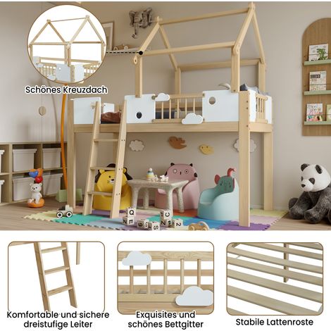 Lit superposé enfant avec barrière de sécurité et garde-corps, design toit original, échelle inclinée 3 marches, cadre pin massif, pin+MDF+contreplaqué, blanc+bois naturel, 90x200 cm (1/5)