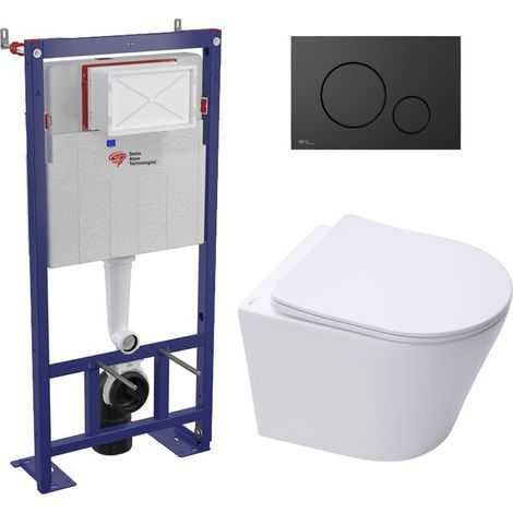 Swiss Aqua Technologies – Pack WC bâti-autoportant – WC suspendu sans bride et fixations invisibles – Abattant softclose – Plaque de déclenchement noir mat (1/5)