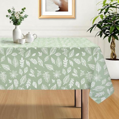 Nappe 140x200cm vert sauge avec motif de feuilles, facile d'entretien et infroissable