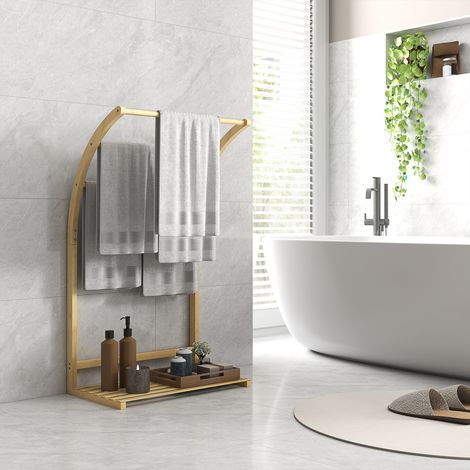 Porte-serviettes en bambou 3 barres avec étagère de rangement. pour la salle de bains et la buanderie. finition naturel